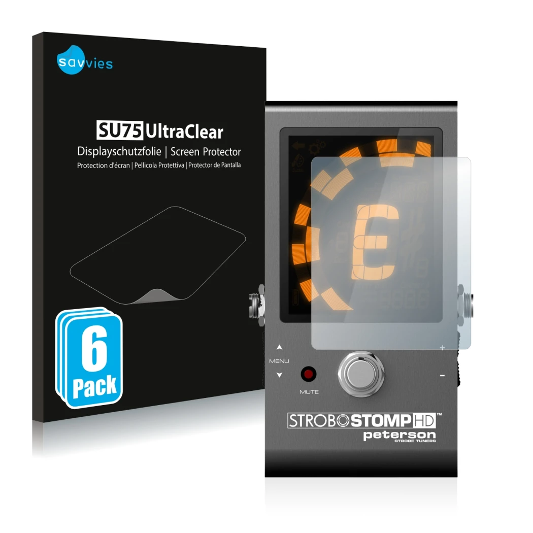 Front side of a product packaging with the brand logo Savvies. Next to it is the device Peterson Strobostomp HD shown with the