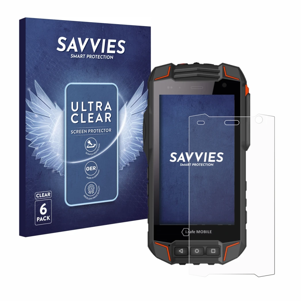 Front side of a product packaging with the brand logo Savvies. Next to it is the device i.safe MOBILE IS530.1 shown with the c