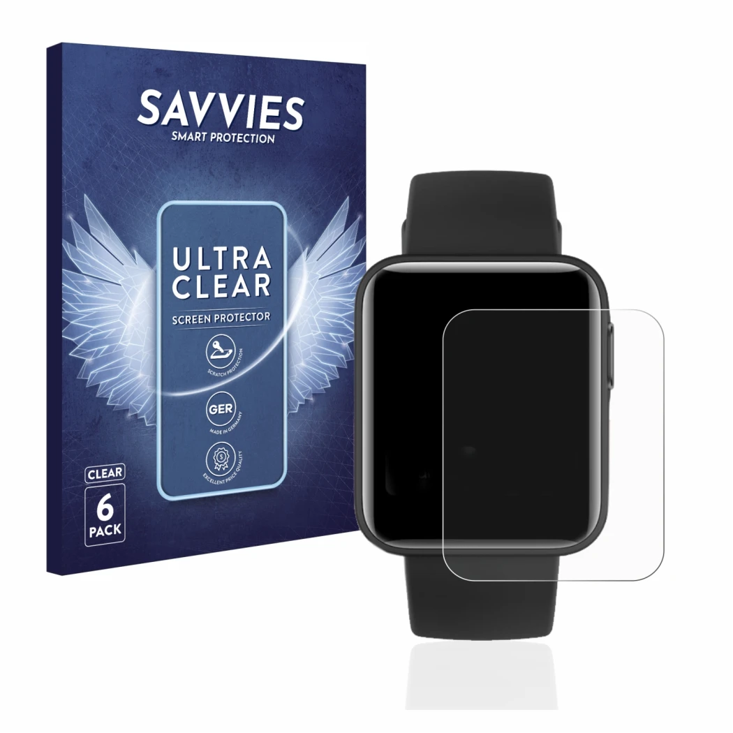 Front side of a product packaging with the brand logo Savvies. Next to it is the device Xiaomi Mi Watch Lite shown with the co