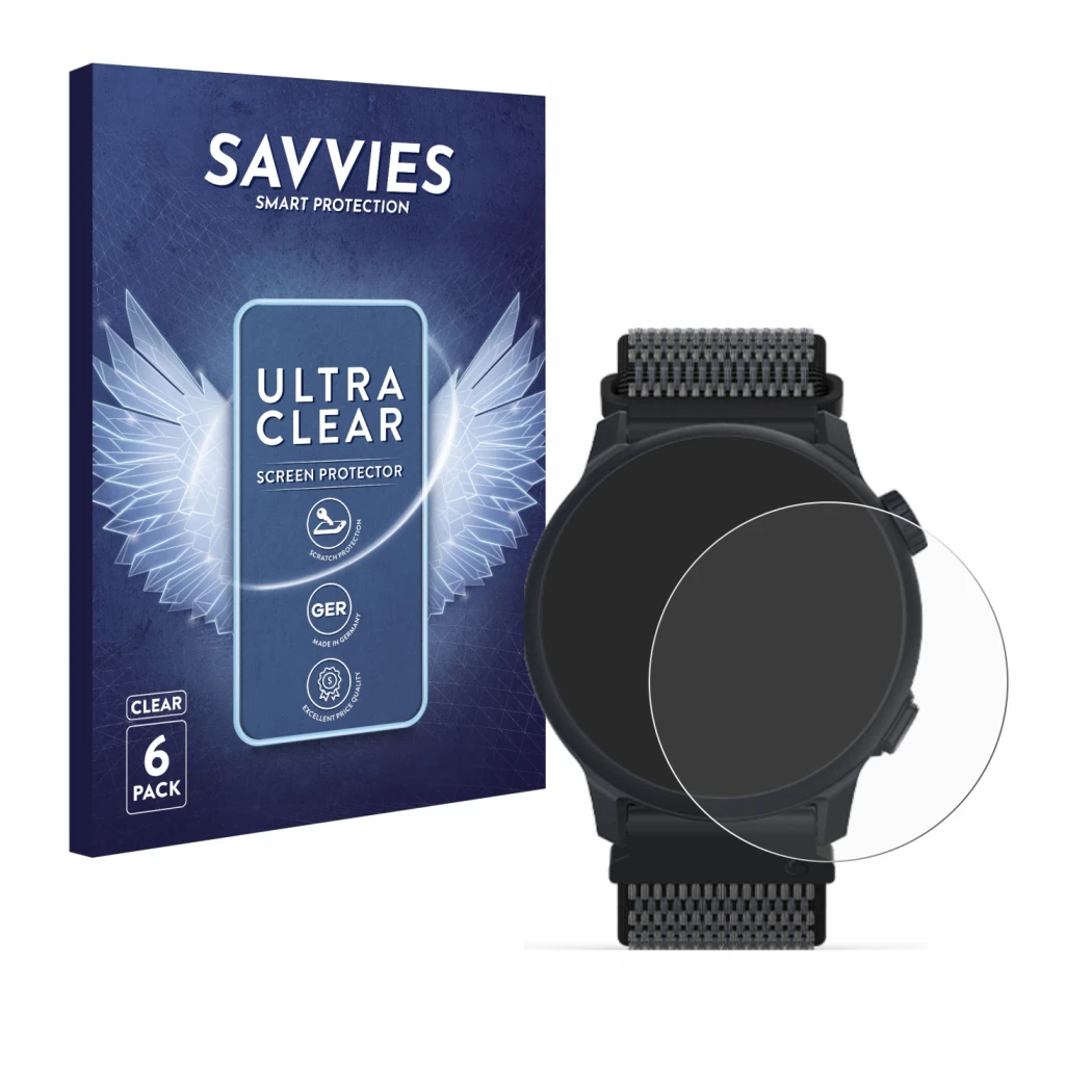 Front side of a product packaging with the brand logo Savvies. Next to it is the device Coros Pace 2 shown with the correspond