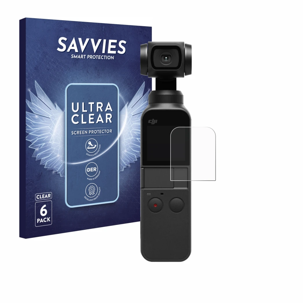 Front side of a product packaging with the brand logo Savvies. Next to it is the device DJI Osmo Pocket 2 shown with the corre