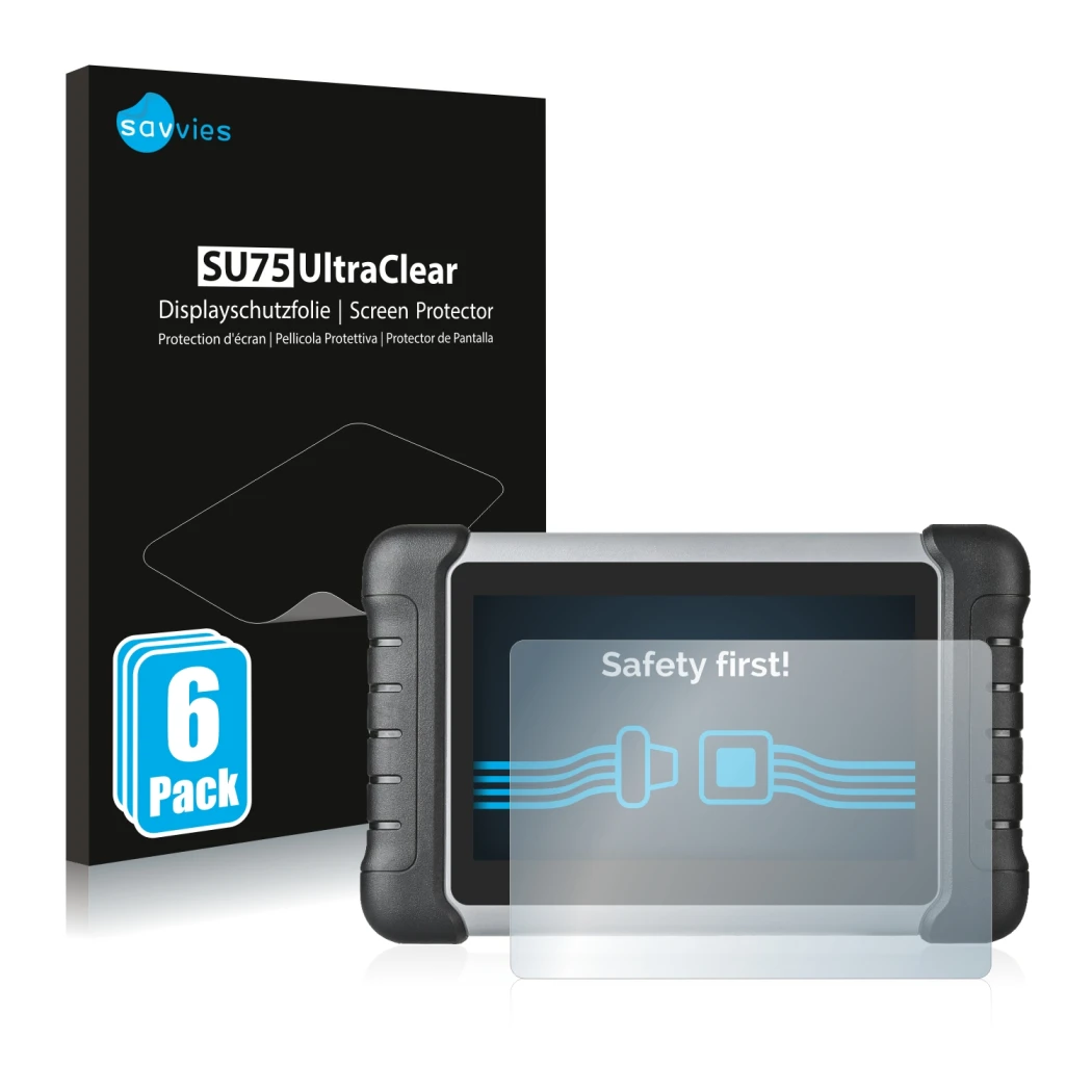 Front side of a product packaging with the brand logo Savvies. Next to it is the device Autel MaxiCOM MK808 shown with the cor