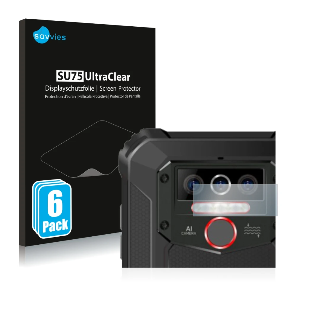 Front side of a product packaging with the brand logo Savvies. Next to it is the device Oukitel WP5 Pro (ONLY Camera Lens) sho