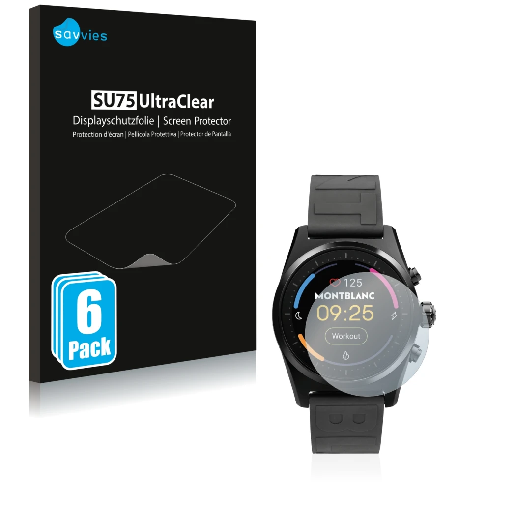 Front side of a product packaging with the brand logo Savvies. Next to it is the device Montblanc Summit Lite shown with the c