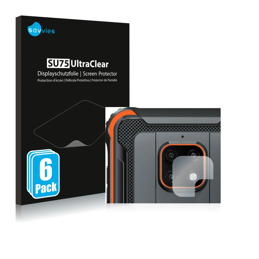 Front side of a product packaging with the brand logo Savvies. Next to it is the device Blackview BV4900 Pro (ONLY Camera Lens