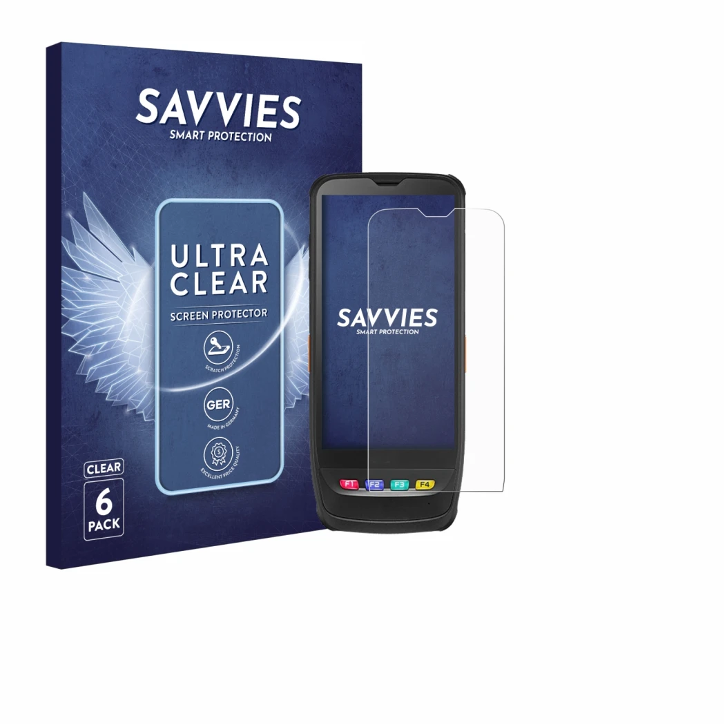 Front side of a product packaging with the brand logo Savvies. Next to it is the device Casio IT-G650 shown with the correspon