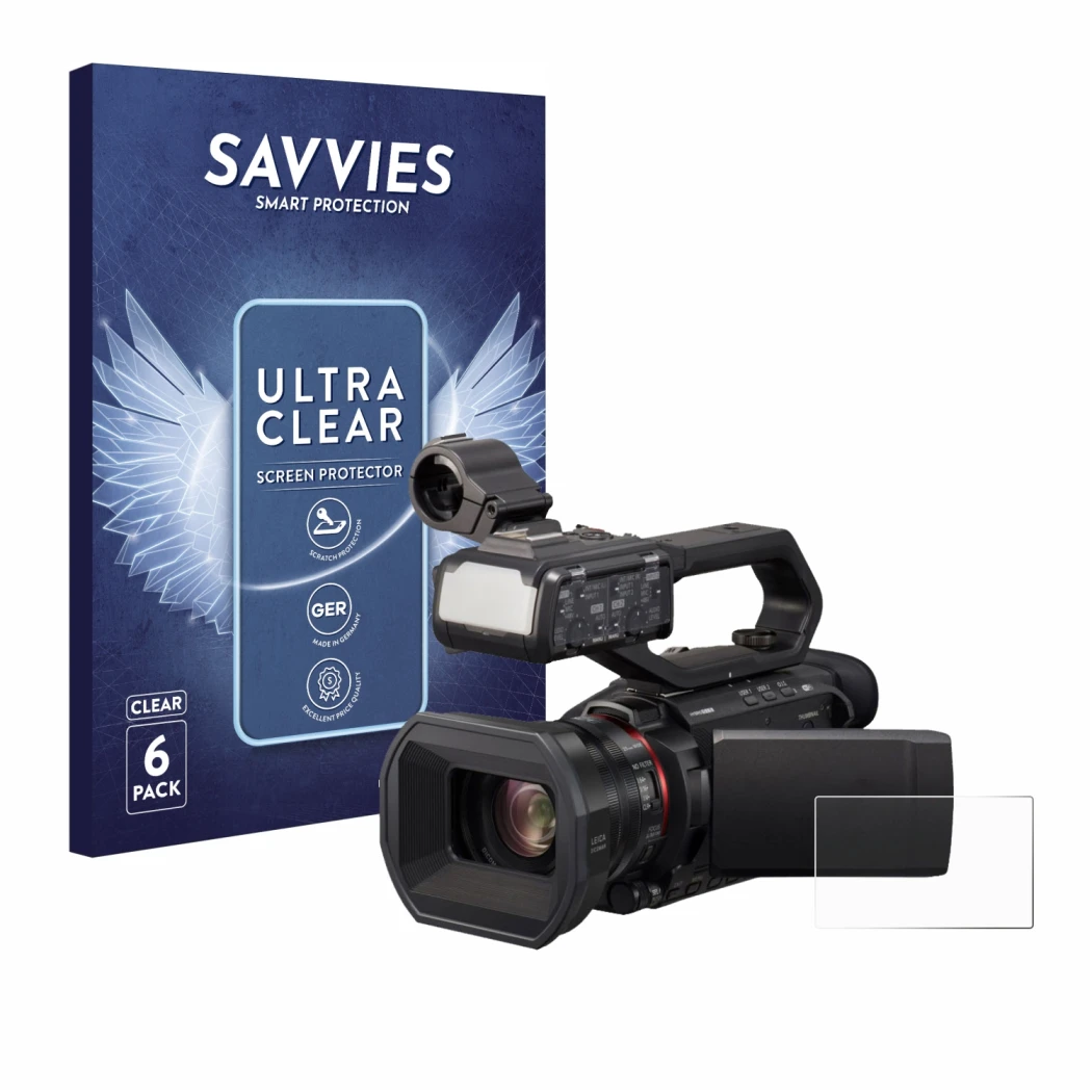 Front side of a product packaging with the brand logo Savvies. Next to it is the device Panasonic HC-X1500 shown with the corr