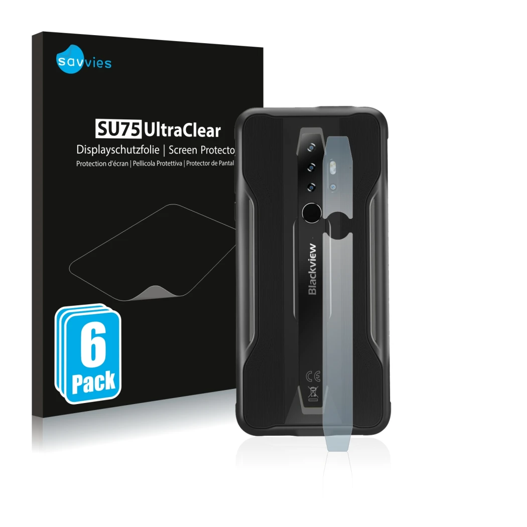 Front side of a product packaging with the brand logo Savvies. Next to it is the device Blackview BV6300 Pro (ONLY Camera Lens