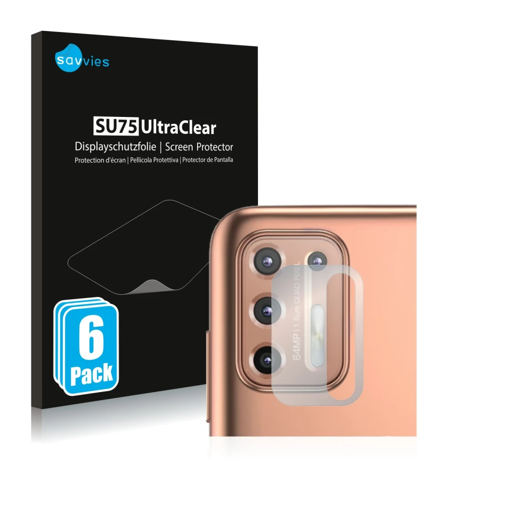 Front side of a product packaging with the brand logo Savvies. Next to it is the device Motorola Moto G9 Plus (ONLY Camera Len