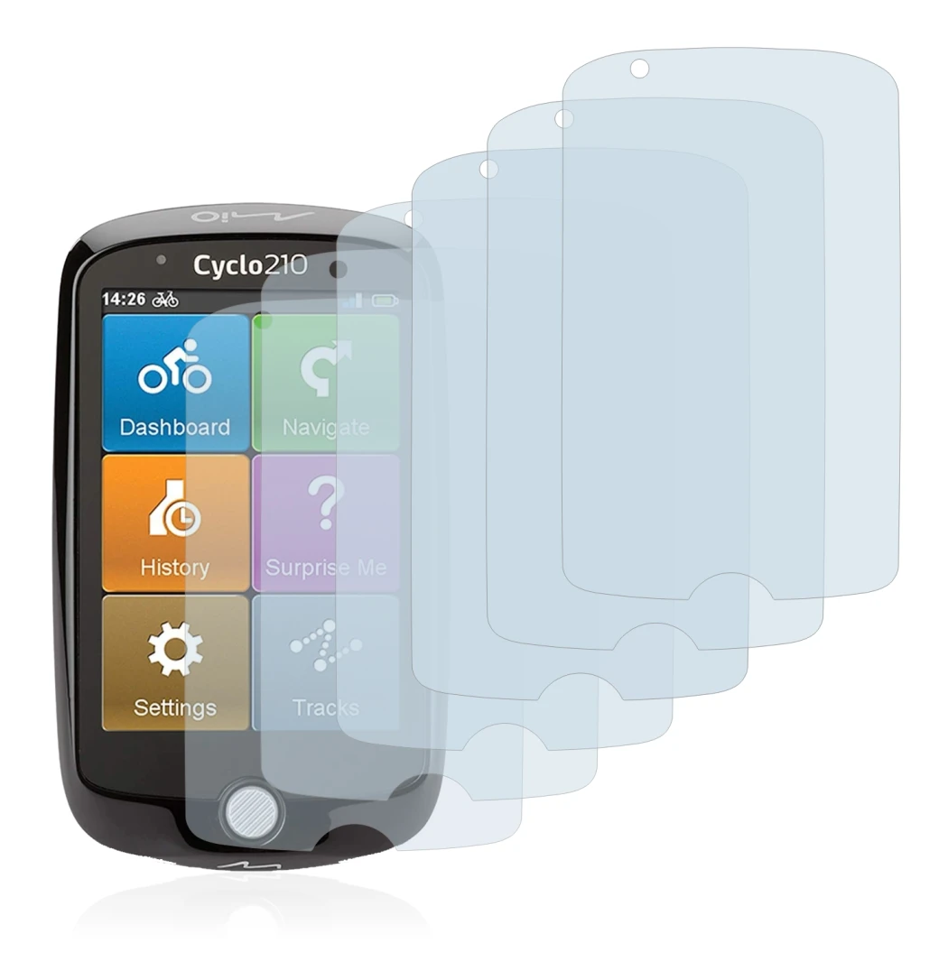 Image of the device Mio Cyclo 210 with a wide variety of screen protectors.