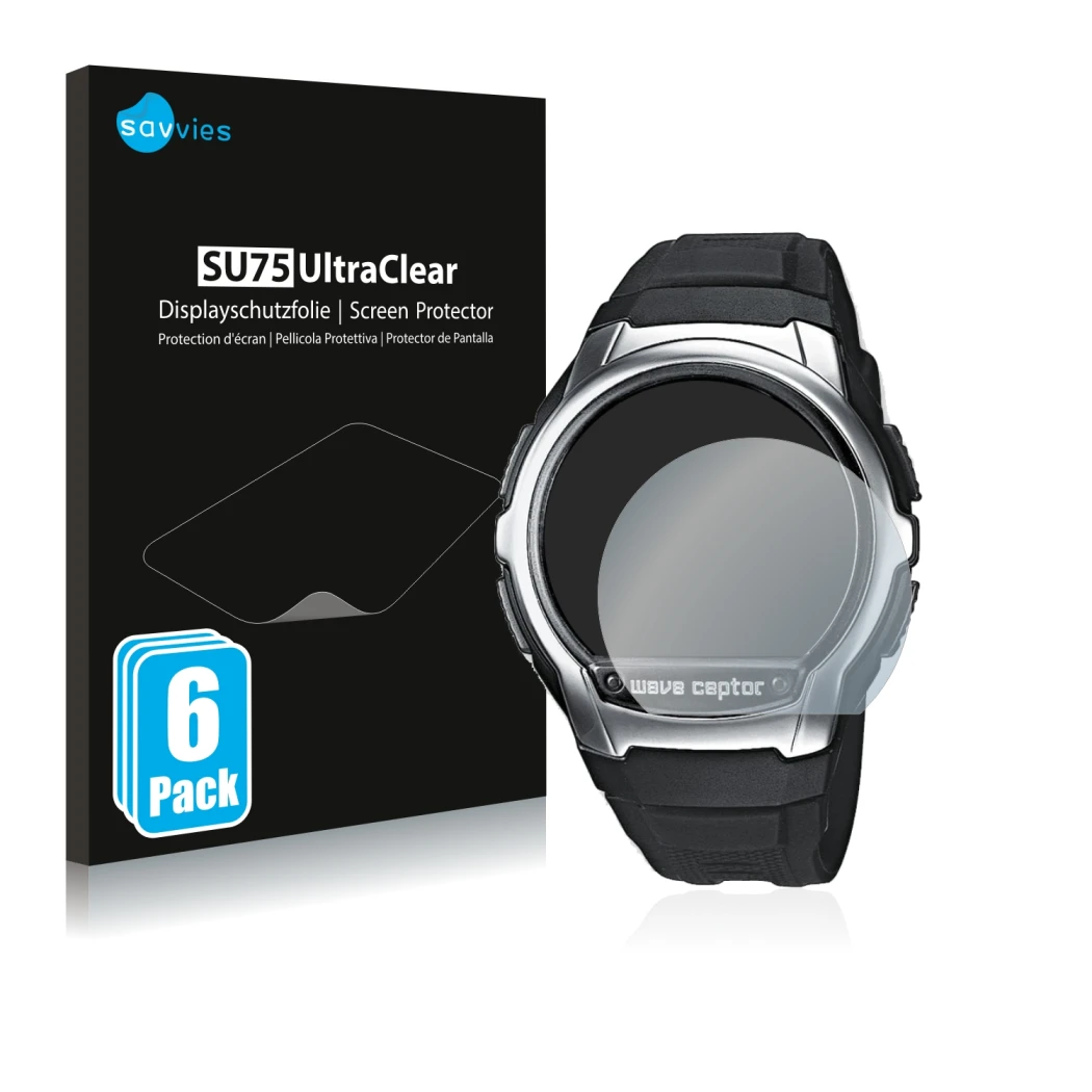 Front side of a product packaging with the brand logo Savvies. Next to it is the device Casio Wave Ceptor WV-58 shown with the