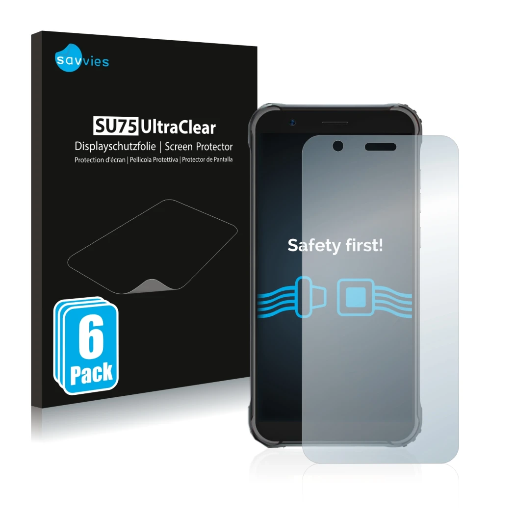 Front side of a product packaging with the brand logo Savvies. Next to it is the device Blackview BV4900 shown with the corres