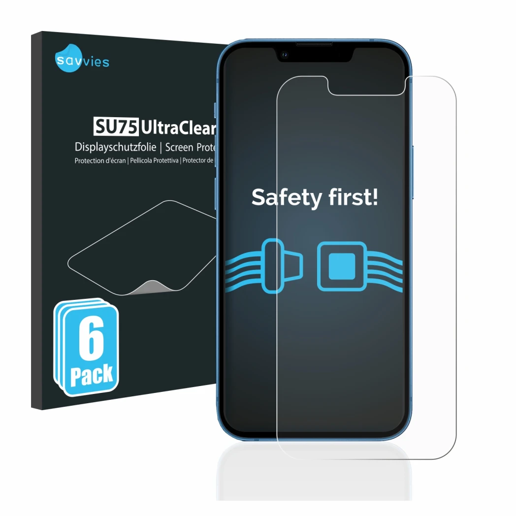 Front side of a product packaging with the brand logo Savvies. Next to it is the device Apple iPhone 13 mini shown with the co