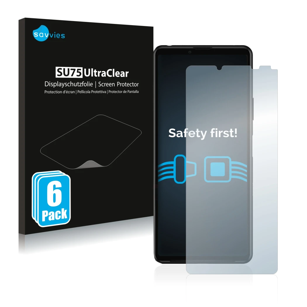 Front side of a product packaging with the brand logo Savvies. Next to it is the device Sony Xperia 10 III shown with the corr