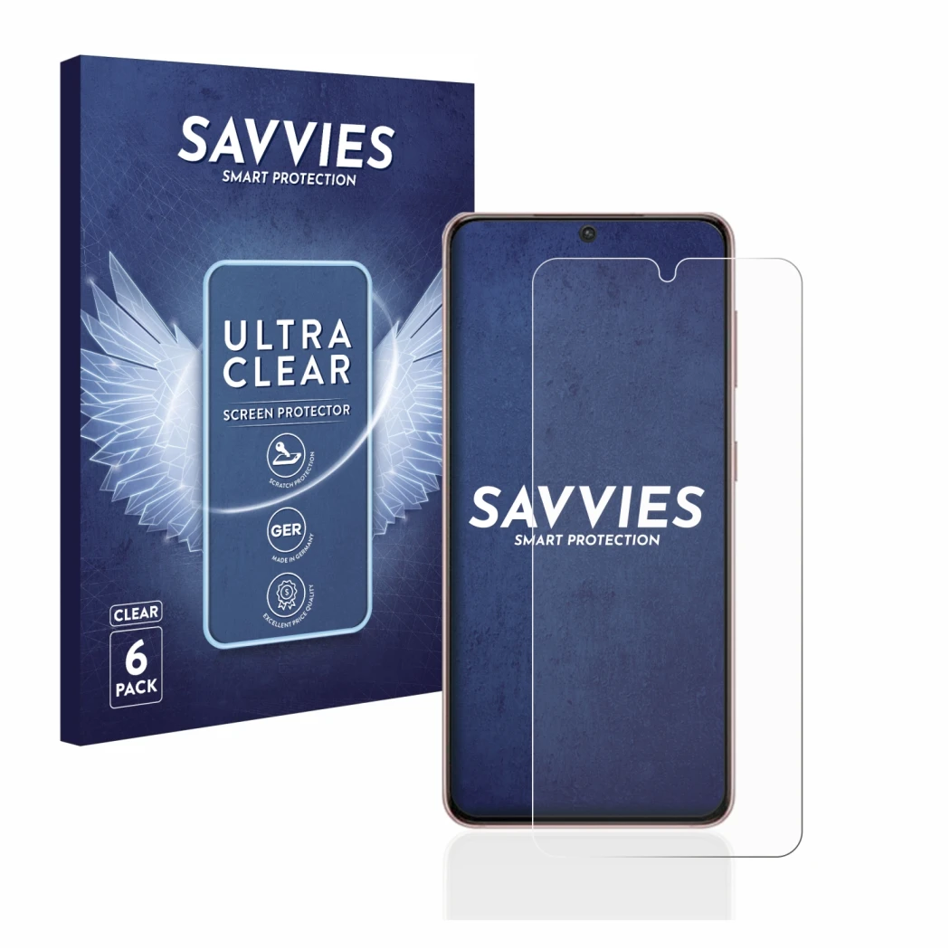 Front side of a product packaging with the brand logo Savvies. Next to it is the device Samsung Galaxy S21 shown with the corr