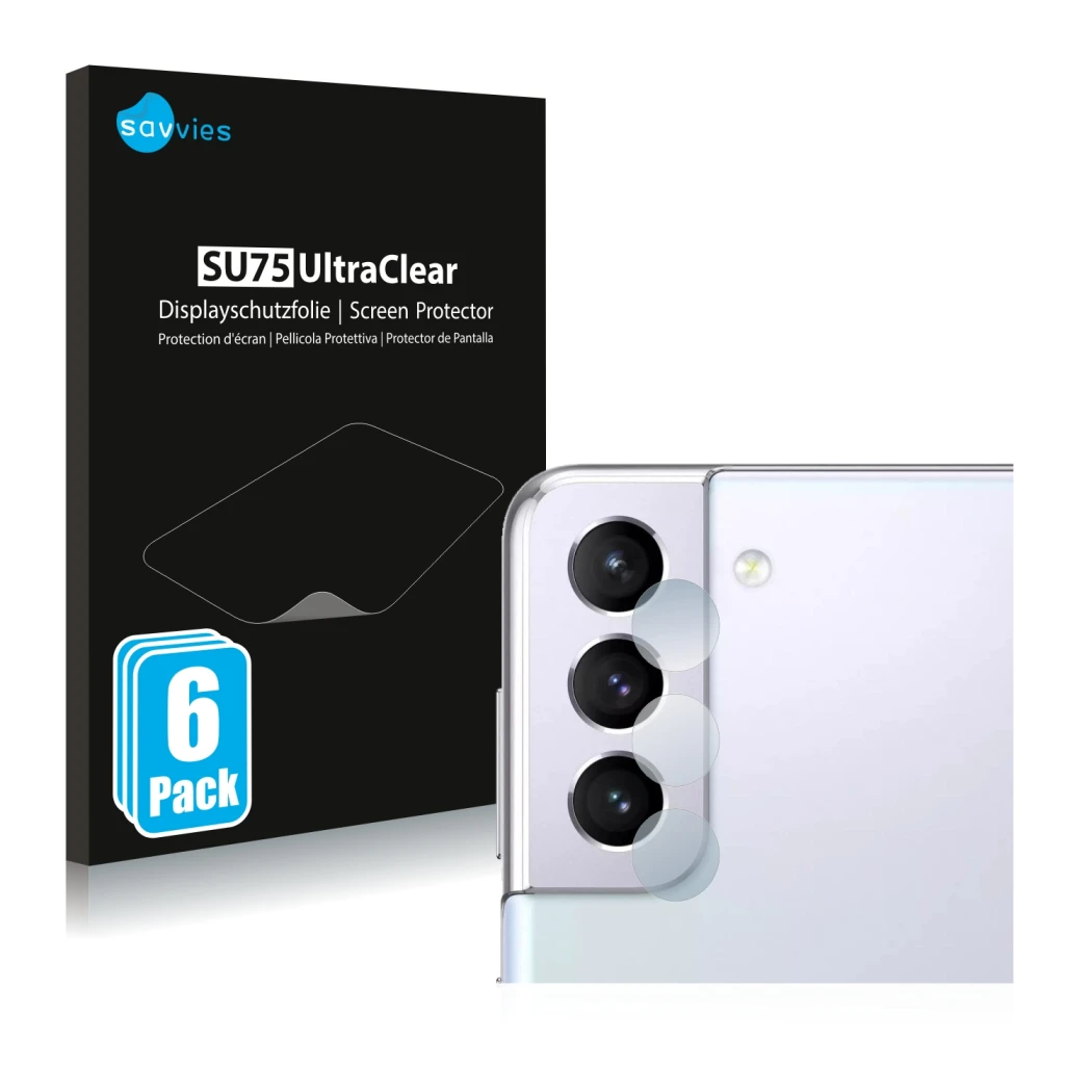 Front side of a product packaging with the brand logo Savvies. Next to it is the device Samsung Galaxy S21 (ONLY Camera Lens) 