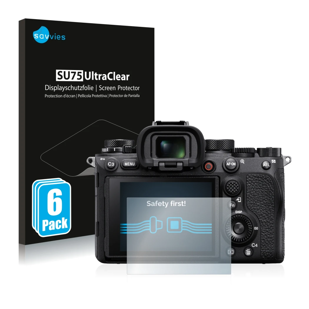 Front side of a product packaging with the brand logo Savvies. Next to it is the device Sony Alpha 1 shown with the correspond