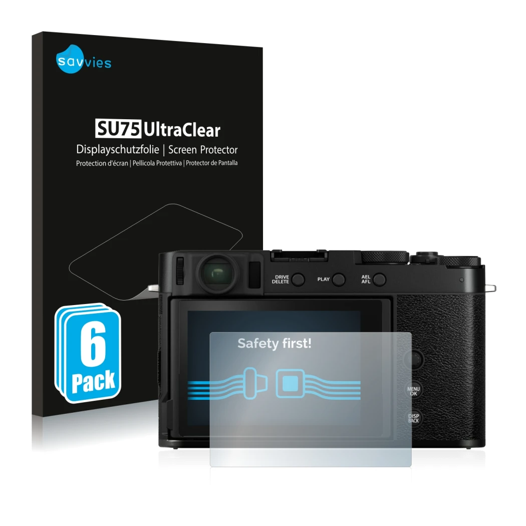Front side of a product packaging with the brand logo Savvies. Next to it is the device Fujifilm X-E4 shown with the correspon