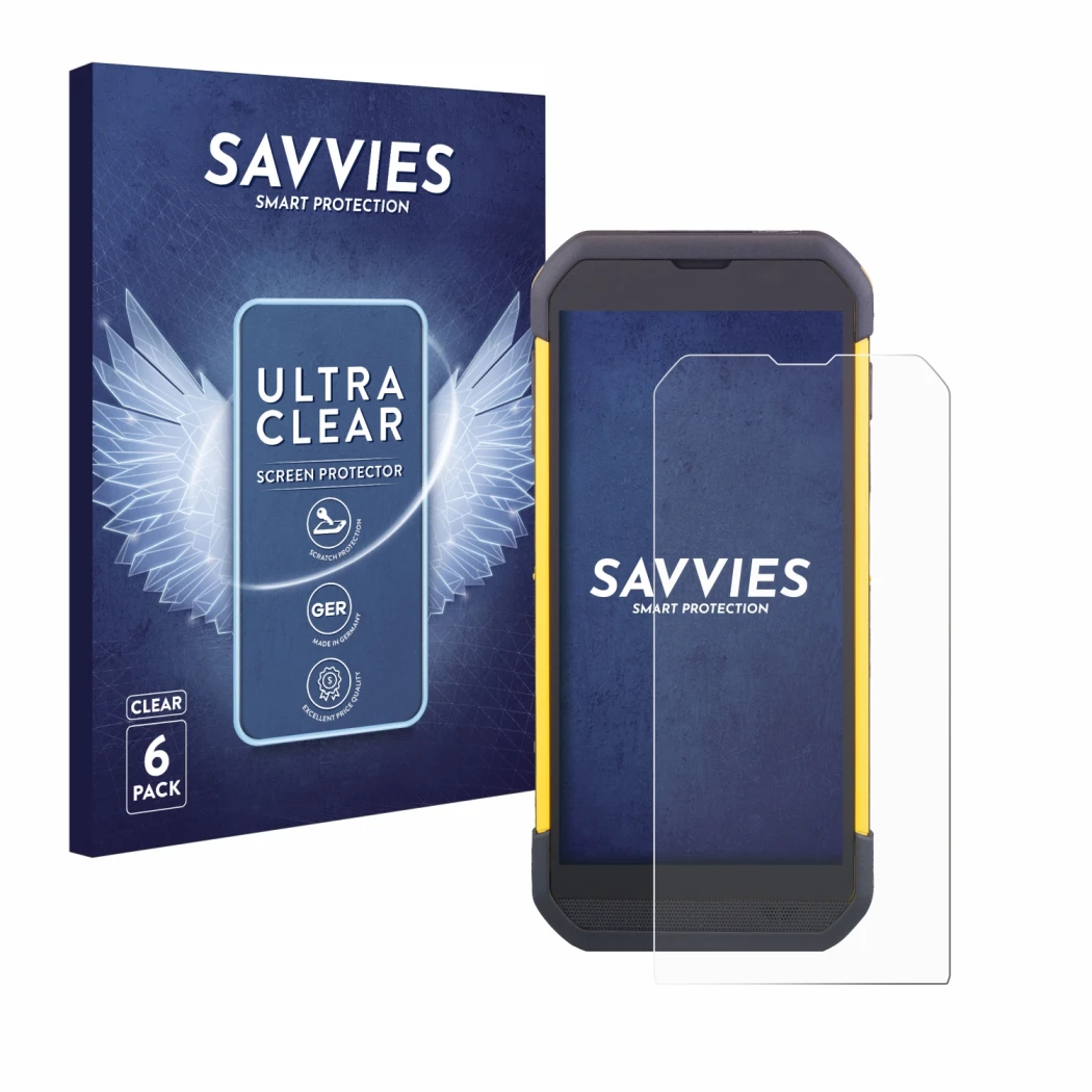 Front side of a product packaging with the brand logo Savvies. Next to it is the device Cipherlab RS35 shown with the correspo