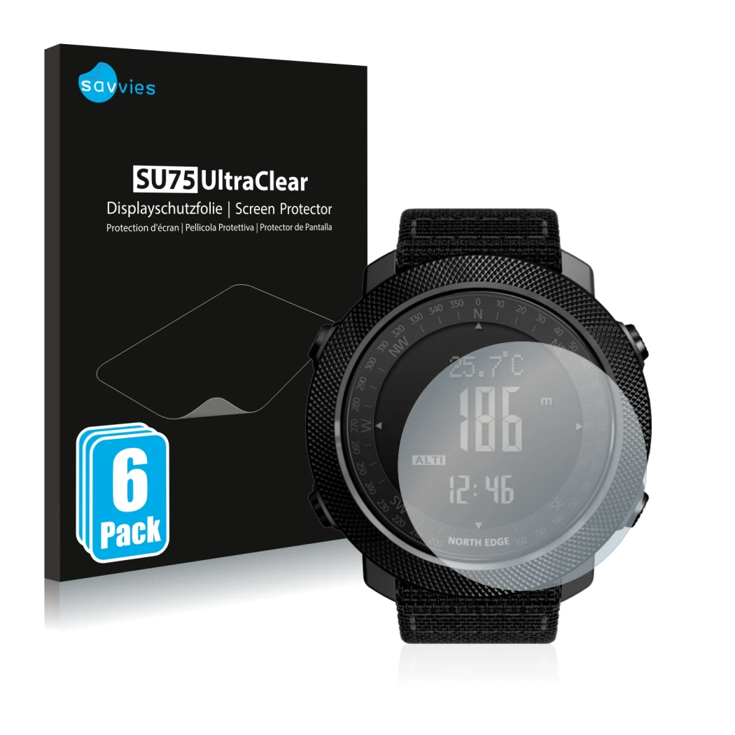 Front side of a product packaging with the brand logo Savvies. Next to it is the device North Edge Apache shown with the corre