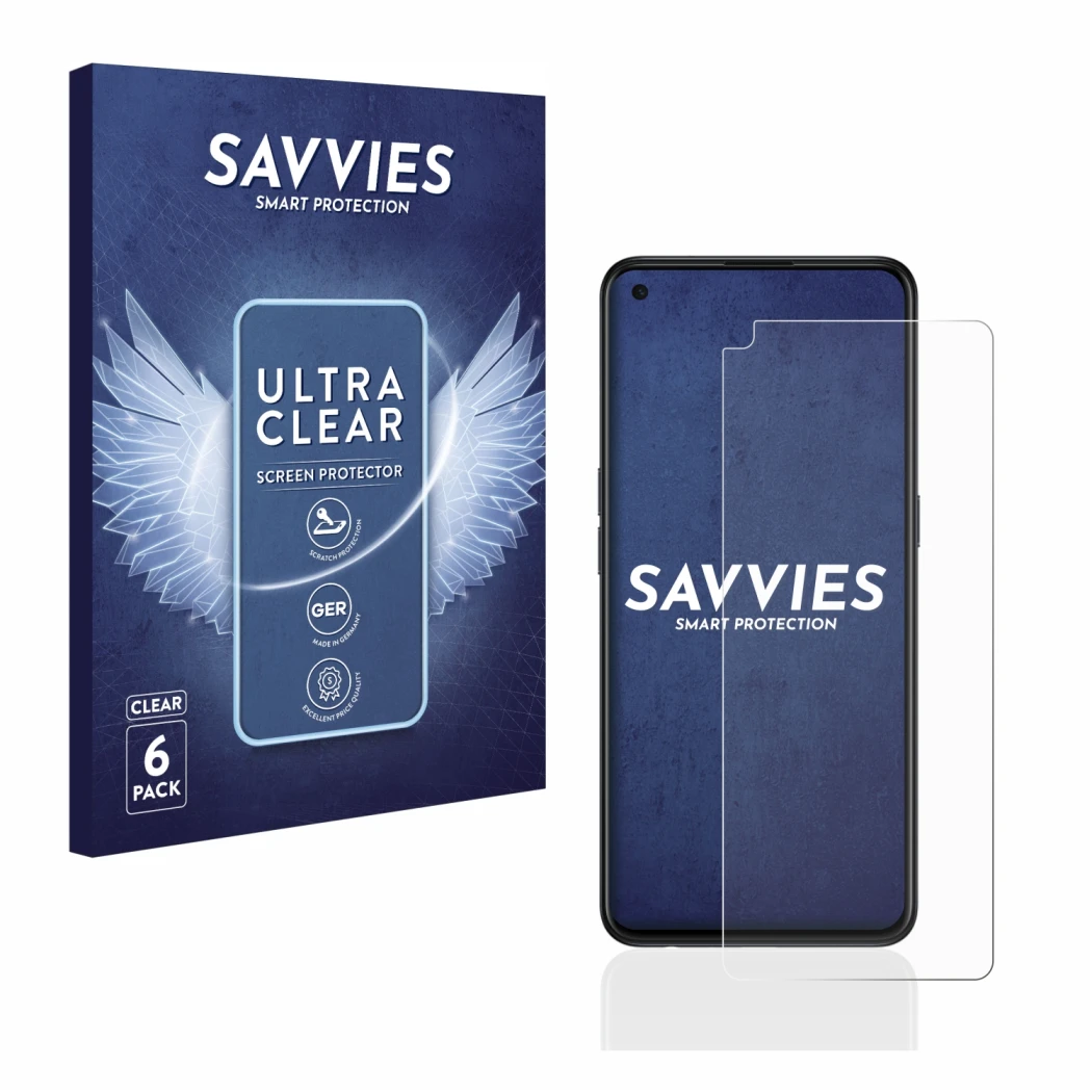 Front side of a product packaging with the brand logo Savvies. Next to it is the device Oppo Find X3 Lite shown with the corre