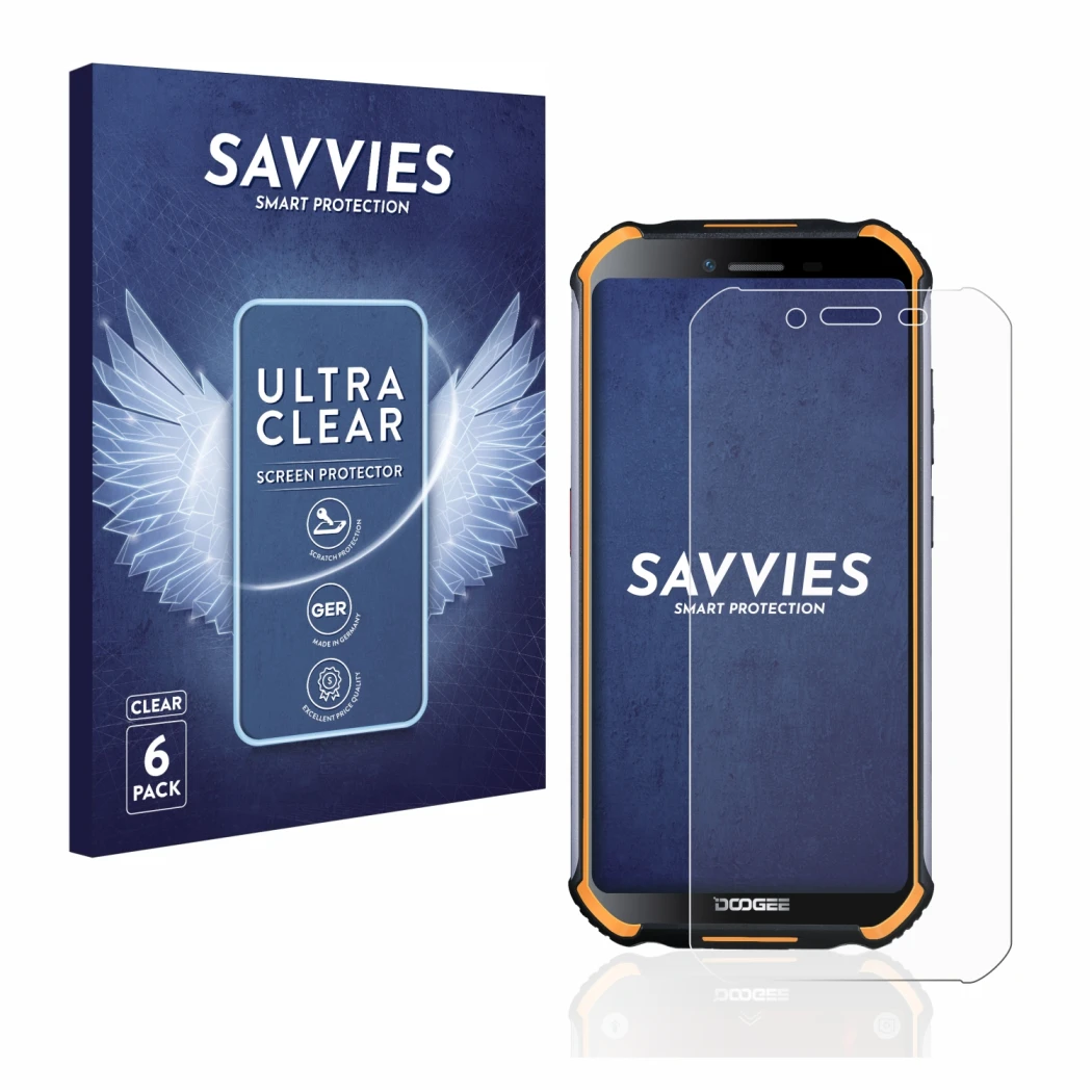 Front side of a product packaging with the brand logo Savvies. Next to it is the device Doogee S40 Pro shown with the correspo