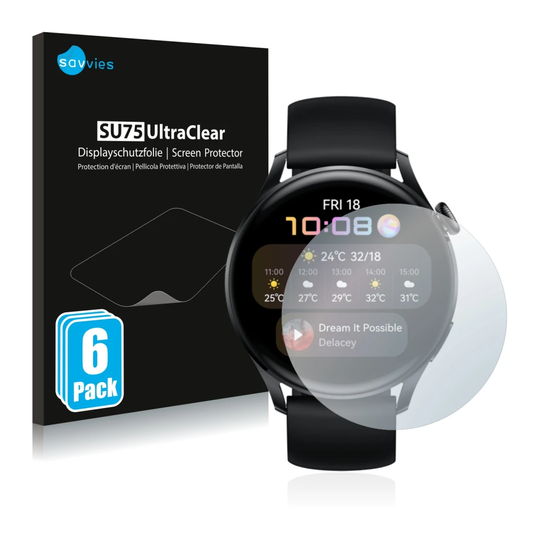 Front side of a product packaging with the brand logo Savvies. Next to it is the device Huawei Watch 3 shown with the correspo