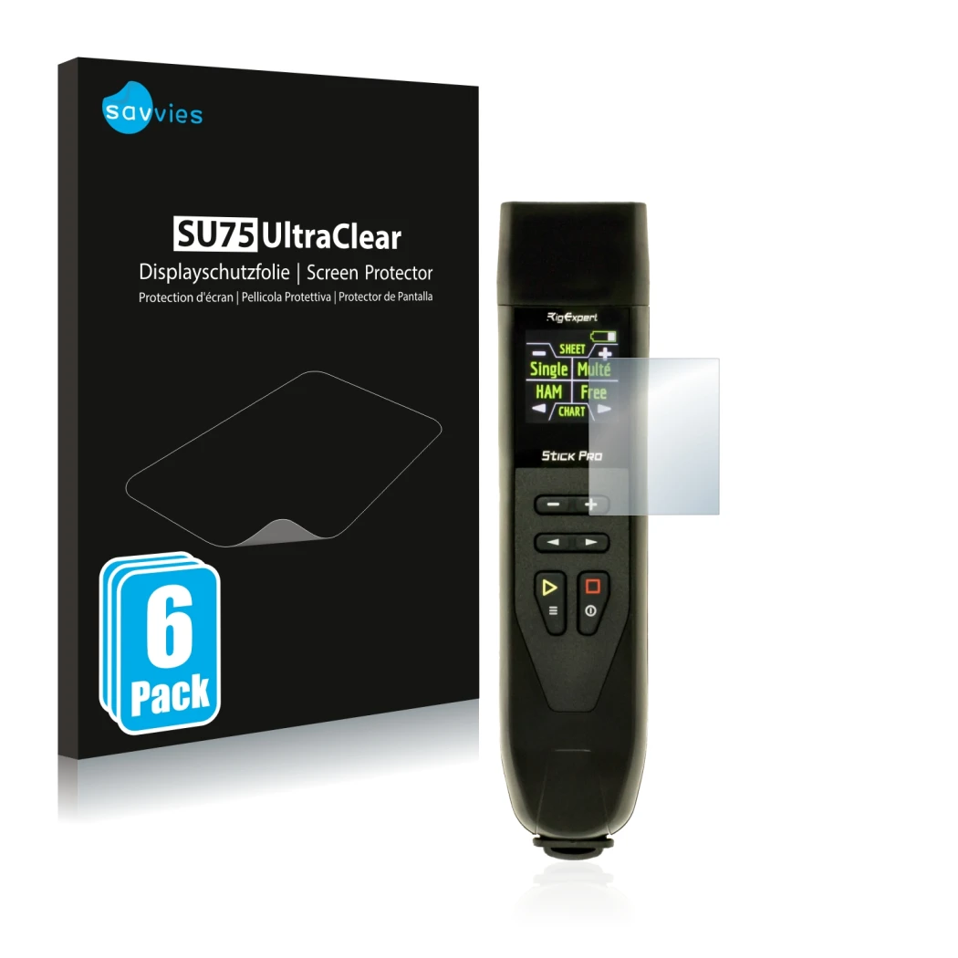 Front side of a product packaging with the brand logo Savvies. Next to it is the device RigExpert Stick Pro shown with the cor