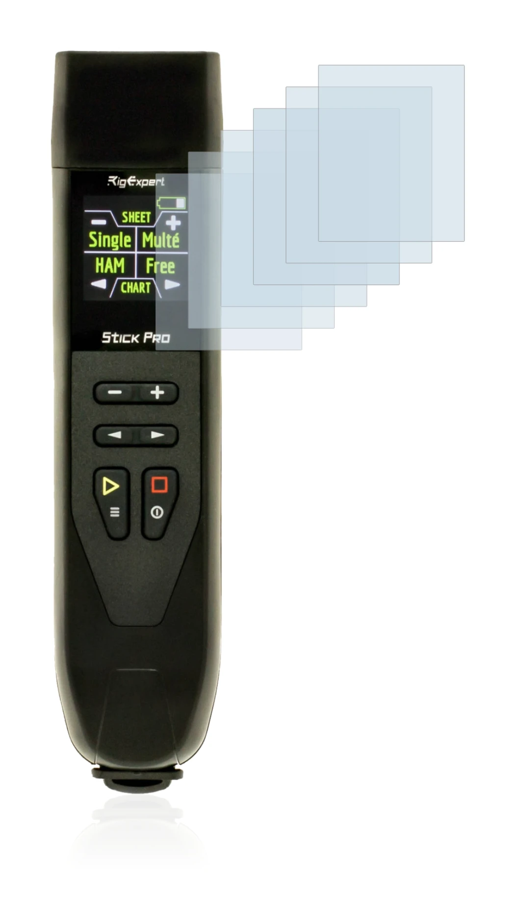 Image of the device RigExpert Stick Pro with a wide variety of screen protectors.