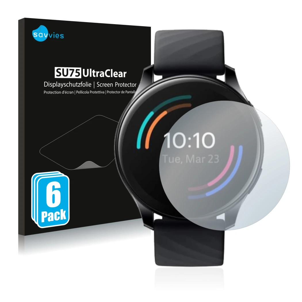 Front side of a product packaging with the brand logo Savvies. Next to it is the device OnePlus Watch shown with the correspon