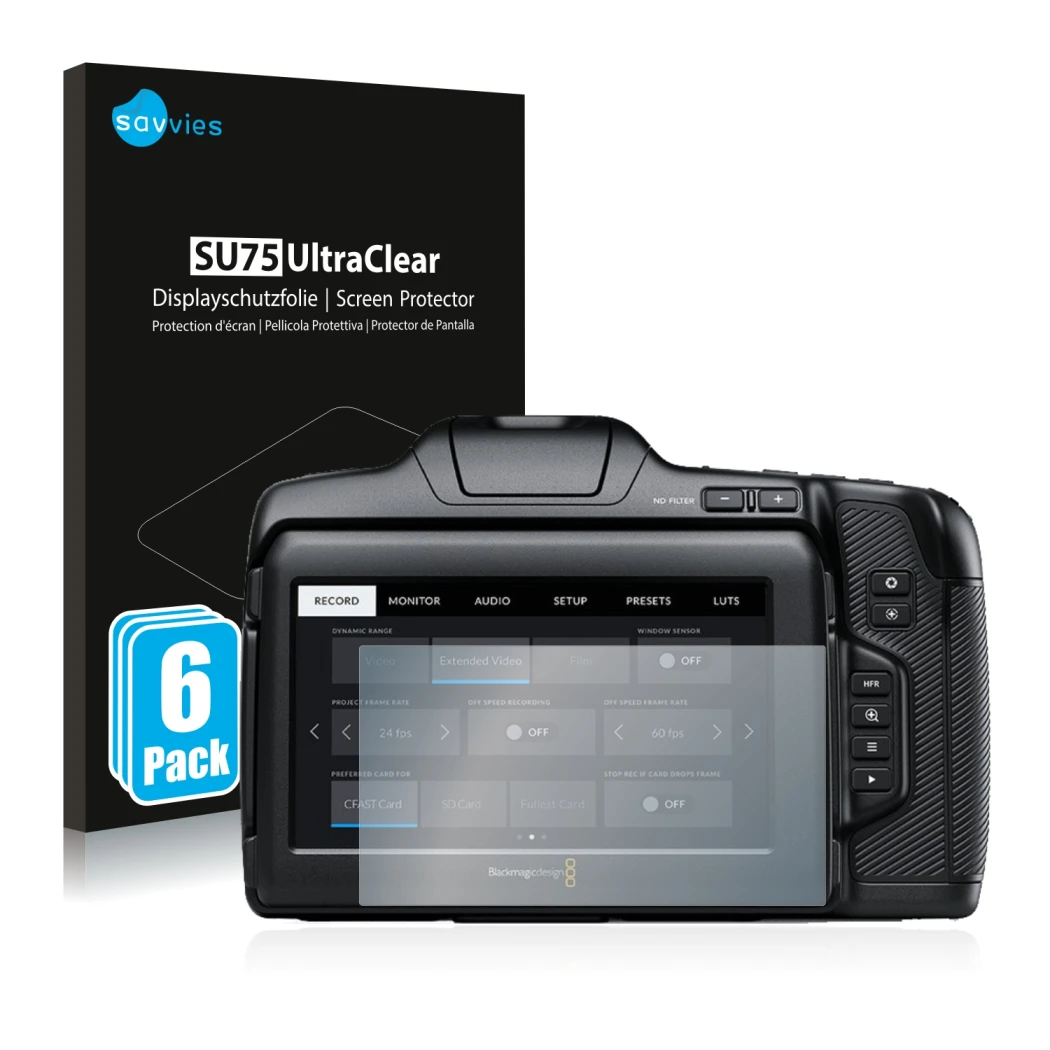 Front side of a product packaging with the brand logo Savvies. Next to it is the device Blackmagic Pocket Cinema Camera 6K Pro