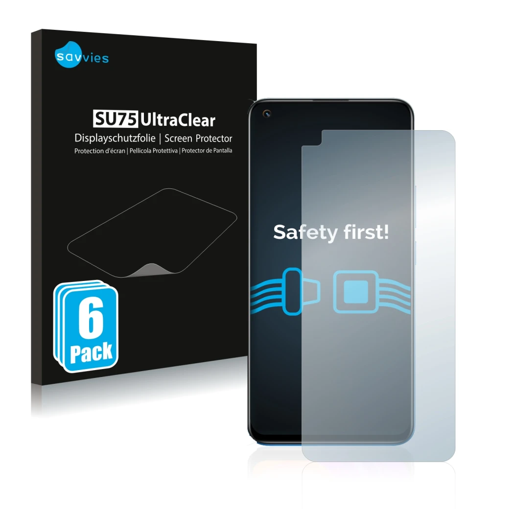 Front side of a product packaging with the brand logo Savvies. Next to it is the device realme 8 shown with the corresponding 