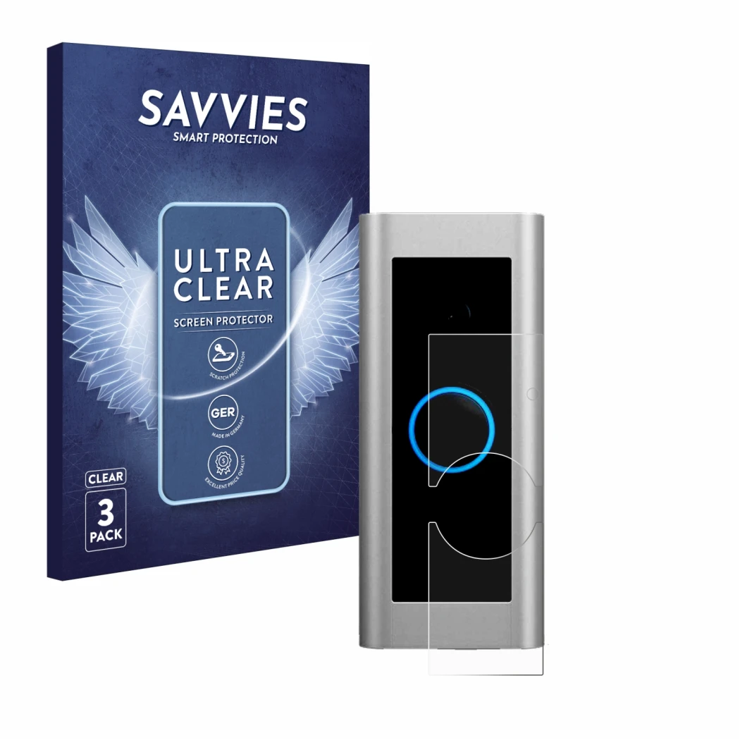 Front side of a product packaging with the brand logo Savvies. Next to it is the device Ring Video Doorbell Pro 2 shown with t