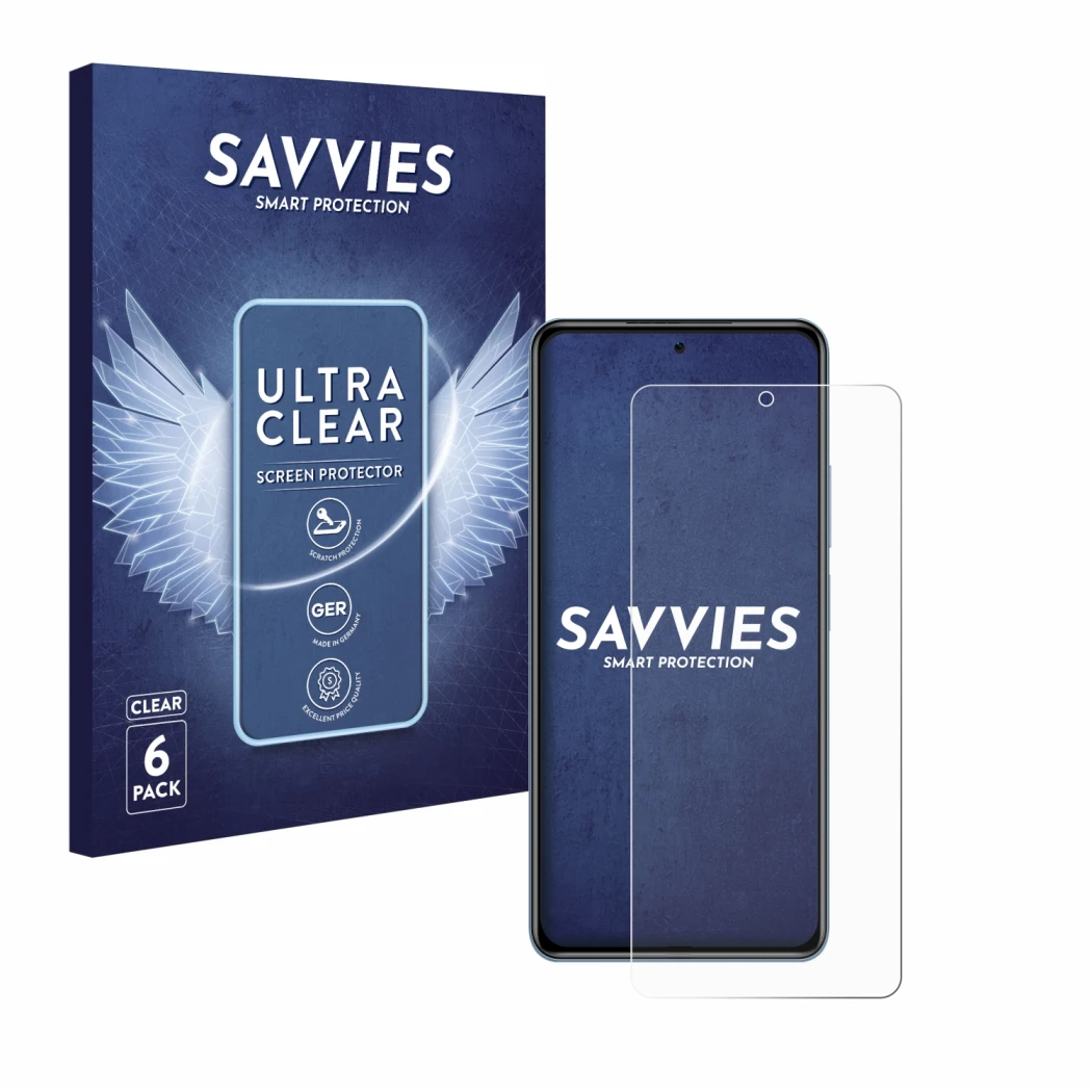 Front side of a product packaging with the brand logo Savvies. Next to it is the device Xiaomi Poco F3 shown with the correspo