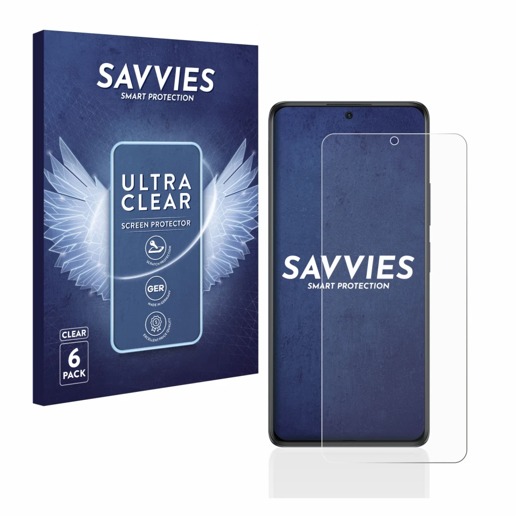 Front side of a product packaging with the brand logo Savvies. Next to it is the device Xiaomi Redmi Note 10S shown with the c