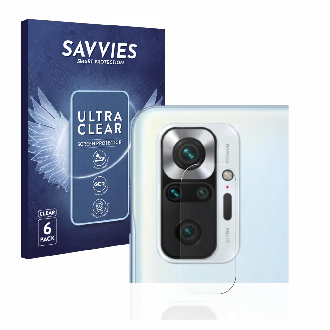Front side of a product packaging with the brand logo Savvies. Next to it is the device Xiaomi Redmi Note 10S (ONLY Camera Len