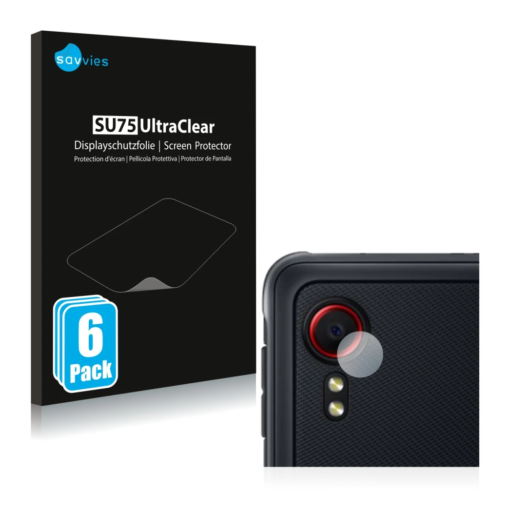 Front side of a product packaging with the brand logo Savvies. Next to it is the device Samsung Galaxy XCover 5 (ONLY Camera L