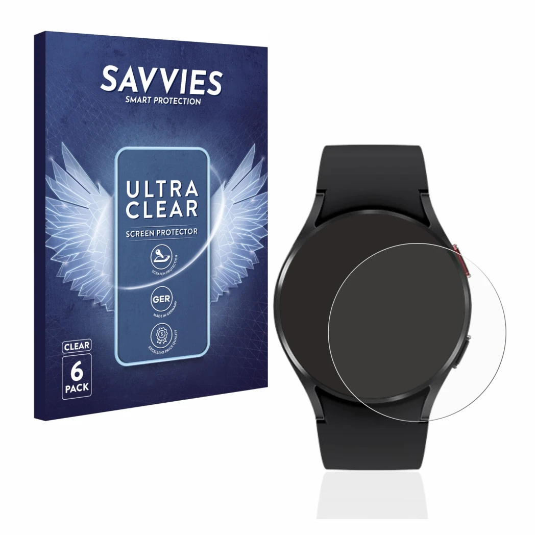 Front side of a product packaging with the brand logo Savvies. Next to it is the device Samsung Galaxy Watch 4 (40mm) shown wi