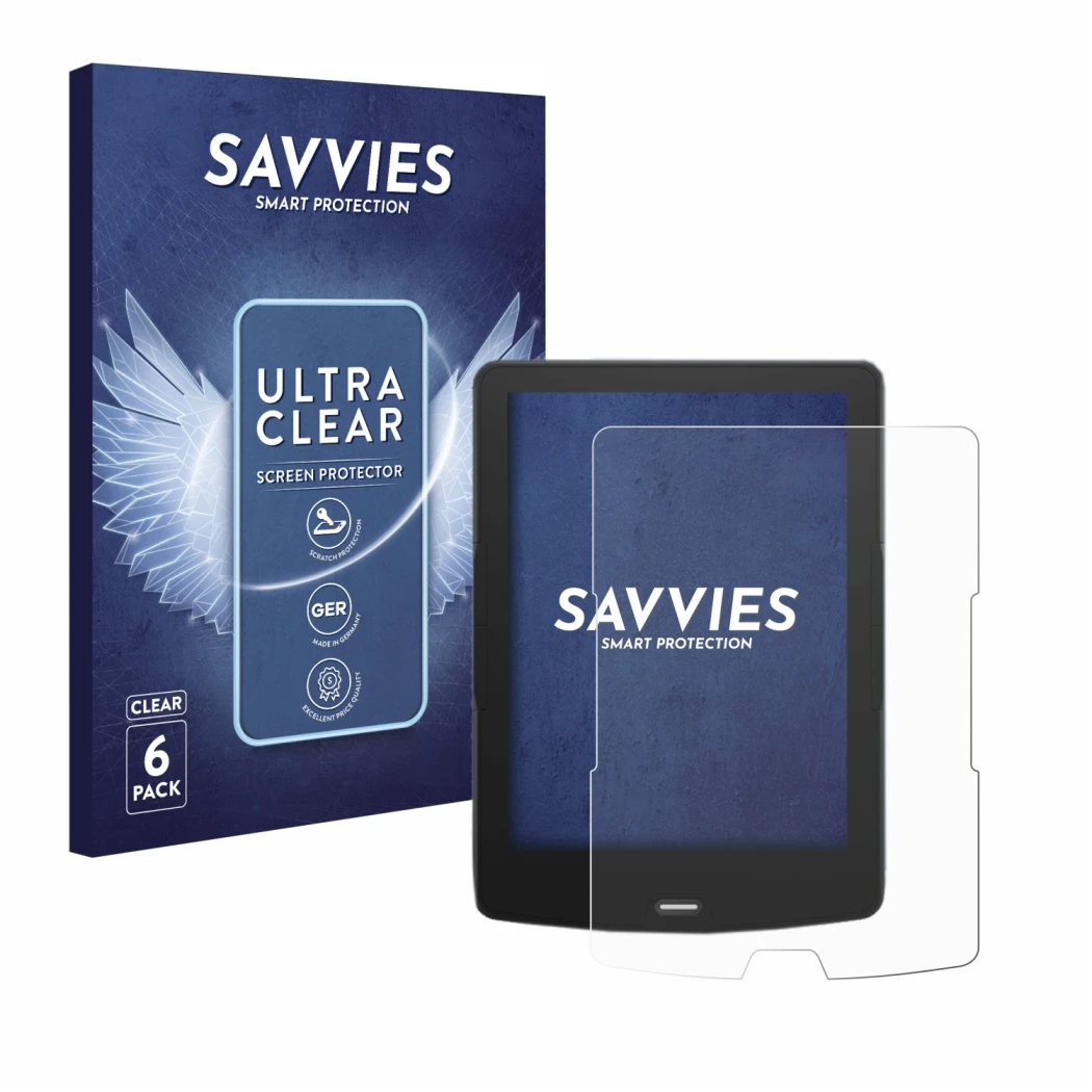 Front side of a product packaging with the brand logo Savvies. Next to it is the device inkBOOK Calypso Plus shown with the co