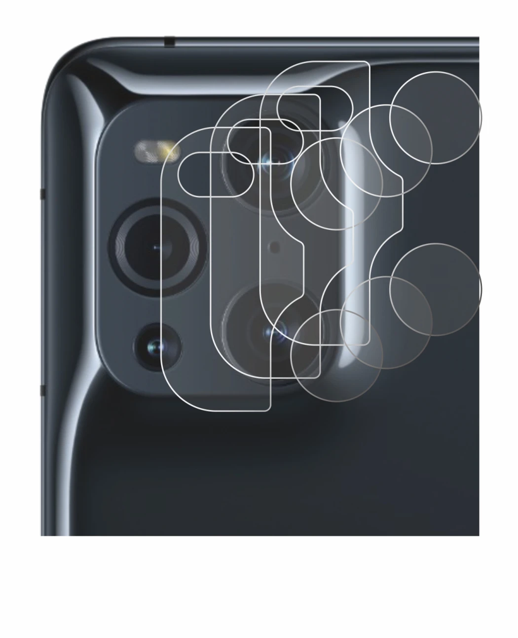 Image of the device Oppo Find X3 Pro (ONLY Camera Lens) with a wide variety of screen protectors.
