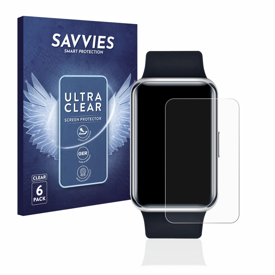 Front side of a product packaging with the brand logo Savvies. Next to it is the device Huawei Watch Fit Elegant shown with th