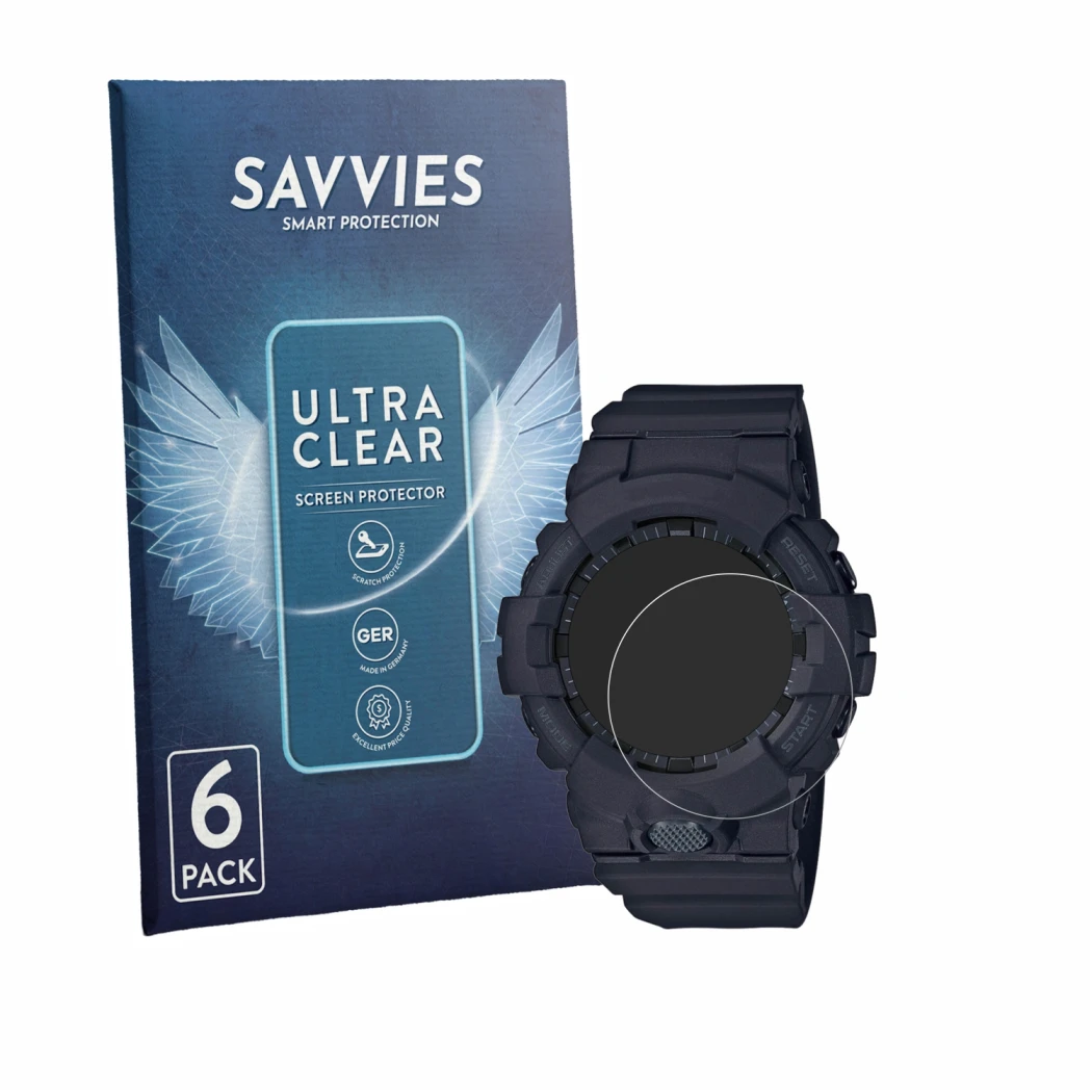 Front side of a product packaging with the brand logo Savvies. Next to it is the device Casio G-Shock GBA800 shown with the co
