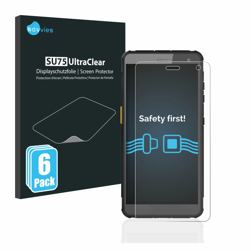 Front side of a product packaging with the brand logo Savvies. Next to it is the device i.safe MOBILE IS655.2 shown with the c
