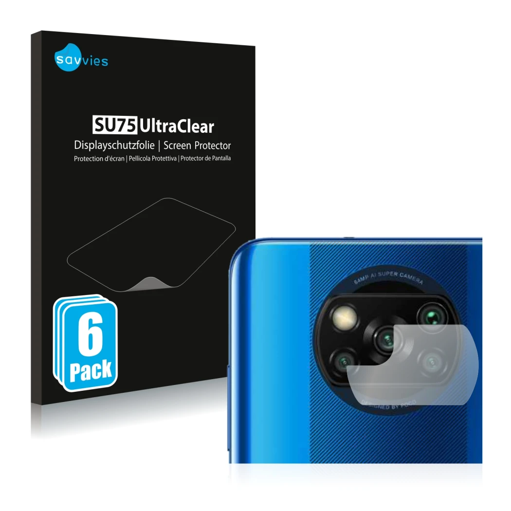Front side of a product packaging with the brand logo Savvies. Next to it is the device Xiaomi Poco X3 Pro (ONLY Camera Lens) 