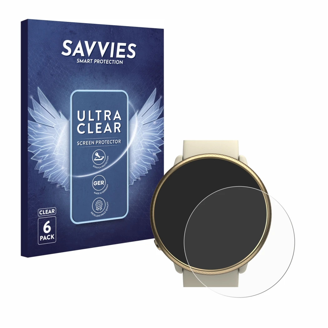 Front side of a product packaging with the brand logo Savvies. Next to it is the device Polar Ignite 2 shown with the correspo