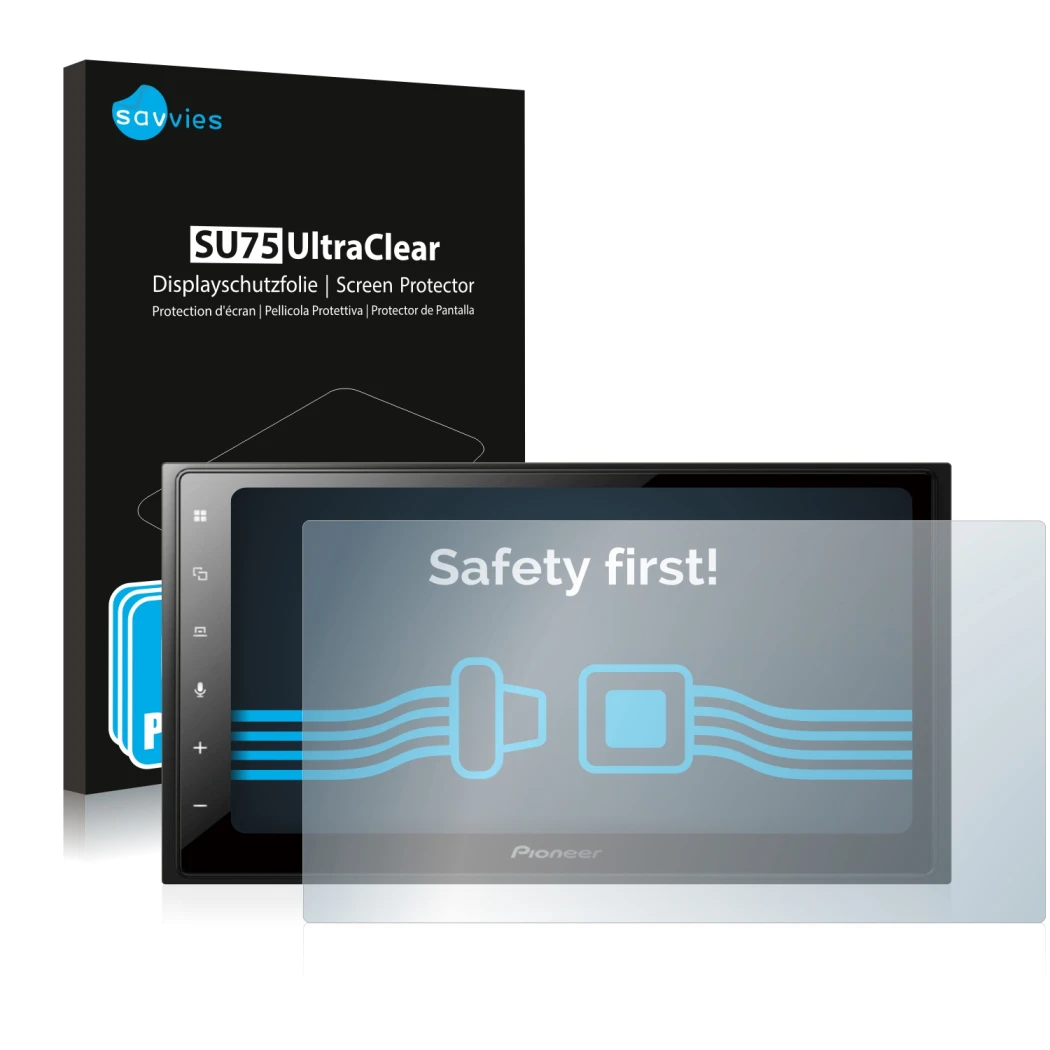 Front side of a product packaging with the brand logo Savvies. Next to it is the device Pioneer SPH-DA250DAB shown with the co