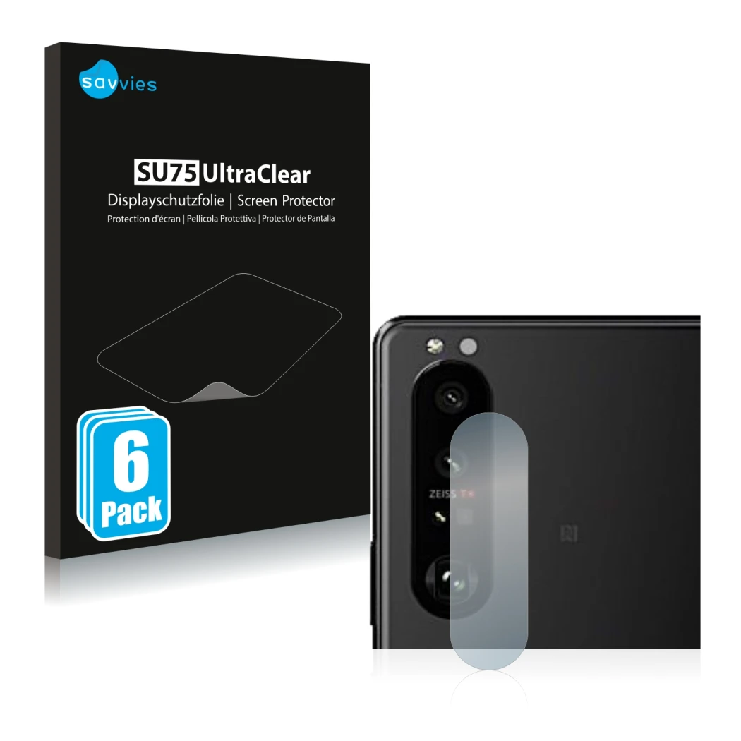 Front side of a product packaging with the brand logo Savvies. Next to it is the device Sony Xperia 5 III (ONLY Camera Lens) s