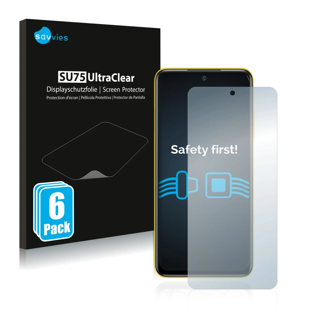 Front side of a product packaging with the brand logo Savvies. Next to it is the device Xiaomi Poco M3 Pro 5G shown with the c