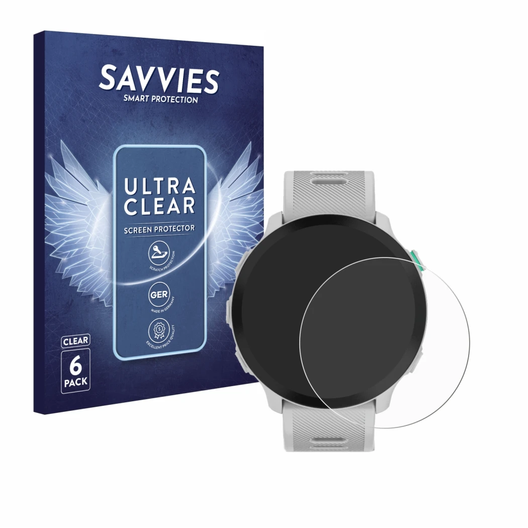 Front side of a product packaging with the brand logo Savvies. Next to it is the device Garmin Forerunner 55 shown with the co