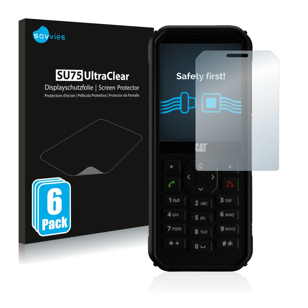 Front side of a product packaging with the brand logo Savvies. Next to it is the device Caterpillar Cat B40 shown with the cor